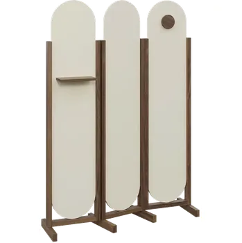 Paraván ATMOSFERE ROUND 419, dřevěný 3-dílný paraván, mobilní, výška 1900 mm, rám ořech královský, výplň smetanová, polička, věšák