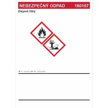 Značení Nebezpečný odpad 160107 Olejové filtry samolepící vinylová fólie A7 (105 x 74 mm)
