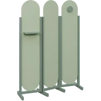 Paraván ATMOSFERE ROUND 419, dřevěný 3-dílný paraván, mobilní, výška 1900 mm, rám industrial green, výplň pistáciově zelená, polička, věšák