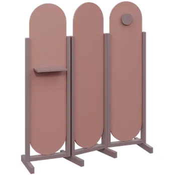 Paraván ATMOSFERE ROUND 416, dřevěný 3-dílný paraván, mobilní, výška 1600 mm, rám sandy lilac, výplň antická růžová, polička, věšák