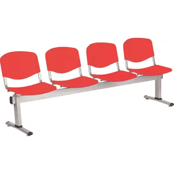 VINCENZA - 4, plastová lavice do čekárny, 4-sedák, červená, kostra stříbrná