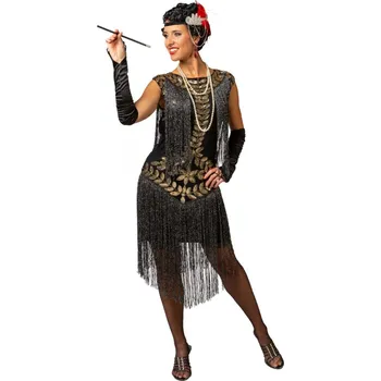 Karnevalový kostým Dámský kostým - Krátké, třásňové černo zlaté šaty S/M