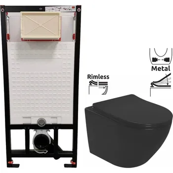 Klozet DEANTE Podomítkový rám, pro závěsné WC mísy bez tlačítka + WC REA CARLO MINI RIMLESS ČERNÝ MAT + SEDÁTKO CST_WC01 X MM1