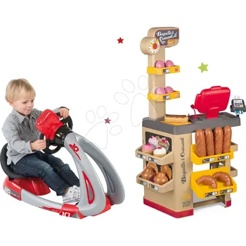 Dětská kuchyňka Set pekárna s koláči Baguette&Croissant Bakery Smoby s elektronickou pokladnou a trenažér V8 Driver se zvukem a pohyblivou mapou