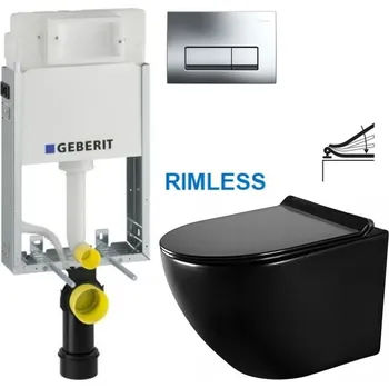 WC sada GEBERIT KOMBIFIXBasic vč. chromového tlačítka DELTA 51 + WC MEXEN LENA ČERNÁ Rimless + SEDÁTKO 110.100.00.1 51CR ME01