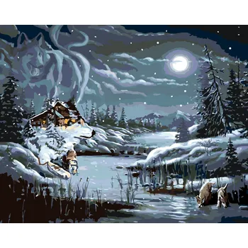 Hračka ZUTY Malování podle čísel - ÚPLNĚK, CHATA A VLK V ZIMĚ (D. RUSTY RUST) Rozměr: 40x50 cm, Rámování: bez rámu a bez vypnutí plátna