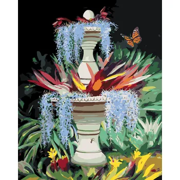 ZUTY Malování podle čísel - FONTÁNA, KVĚTINY A MOTÝL (D. RUSTY RUST) Rozměr: 40x50 cm, Rámování: vypnuté plátno na rám