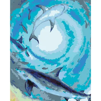 ZUTY Malování podle čísel - HEJNO ŽRALOKŮ A RYB PLAVAJÍCÍ V TEMNÉM MOŘI Rozměr: 40x50 cm, Rámování: bez rámu a bez vypnutí plátna