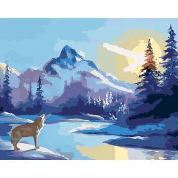 Hračka ZUTY Malování podle čísel - VYJÍCÍ VLK, SLUNCE A HORY (D. RUSTY RUST) Rozměr: 40x50 cm, Rámování: bez rámu a bez vypnutí plátna