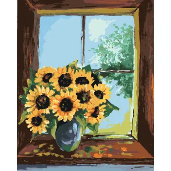 ZUTY Malování podle čísel - SLUNEČNICE VE VÁZE U OKNA Rozměr: 40x50 cm, Rámování: bez rámu a bez vypnutí plátna