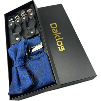 Kšandy Luxusní set modrý se vzorem - Motýlek, kšandy (šle) a kapesníček v dárkovém balení