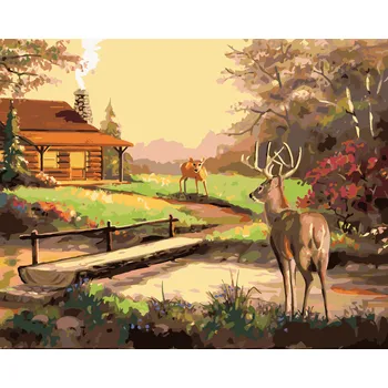 ZUTY Malování podle čísel - JELEN, CHATA A ZÁPAD SLUNCE (D. RUSTY RUST) Rozměr: 40x50 cm, Rámování: bez rámu a bez vypnutí plátna