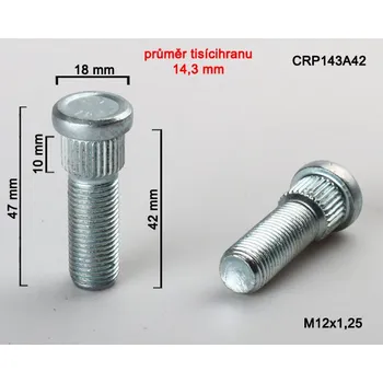 Šroubek na kolo Kolový Svorník M12x1,5x42mm, průměr tisicíhranu 14,3mm (Kolový šteft)