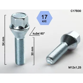 Šroubek na kolo Kolový šroub M12x1,25x30mm, dosedací plocha kužel, klíč 17, pozink (Šroub na kola)