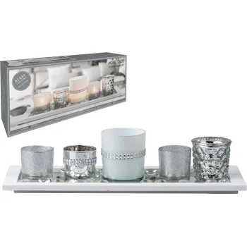Svícen Svícen sklo 6ks set 190x70x90mm na dřevěném tácku, bílá stříbrná