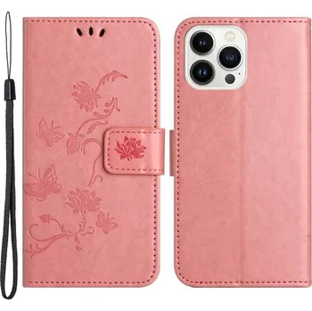 Pouzdro na mobilní telefon Flower PU kožené peněženkové pouzdro na mobil iPhone 14 Pro 6.1 - růžové