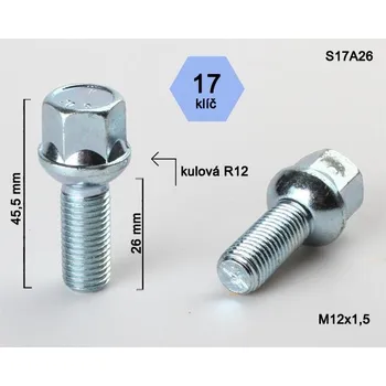 Šroubek na kolo Kolový šroub M12x1,5x26mm dosedací plocha koule R12, klíč 17, pozink (Šroub na kola)