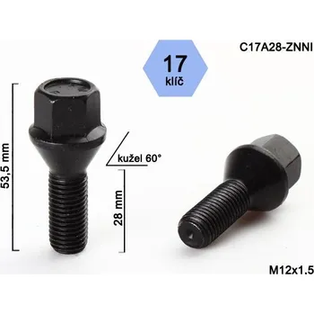 Šroubek na kolo Kolový šroub M12x1,5x28mm, dosedací plocha kužel, klíč 17, černý pozink (Šroub na kola)