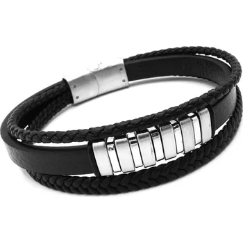 Náramek Steel Jewelry Náramek pánský černý kožený s kombinací chirurgické oceli NR230906 dárkové balení zdarma