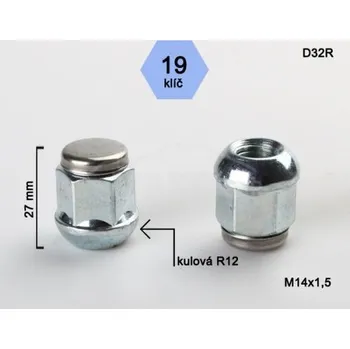 Matice na kolo Kolová matice M14x1,5mm, dosedací plocha koule R12, nerez víčko, klíč 19, pozink (Matice na kola)