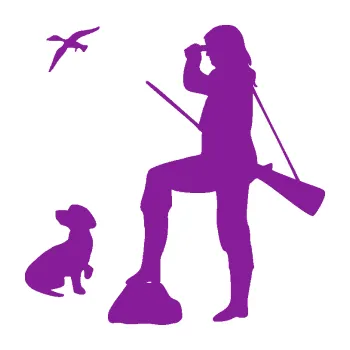 Polep vozidla SAMOLEPKA Lov 003 levá myslivkyně se psem (14 - fialová) NA AUTO, NÁLEPKA, FÓLIE, POLEP, TUNING, VLASTNÍ TEXT, TISK, AUTOSAMOLEPKY.cz, POLEPY, OBRÁZEK, LOGO, SAMOLEPKY