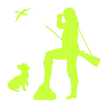 Polep vozidla SAMOLEPKA Lov 003 levá myslivkyně se psem (27 - limetová) NA AUTO, NÁLEPKA, FÓLIE, POLEP, TUNING, VLASTNÍ TEXT, TISK, AUTOSAMOLEPKY.cz, POLEPY, OBRÁZEK, LOGO, SAMOLEPKY