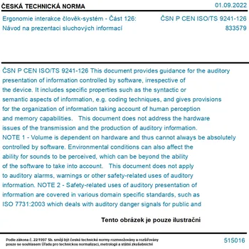 ČSN P CEN ISO/TS 9241-126 - Ergonomie interakce člověk-systém - Část 126: Návod na prezentaci sluchových informací - Tisk