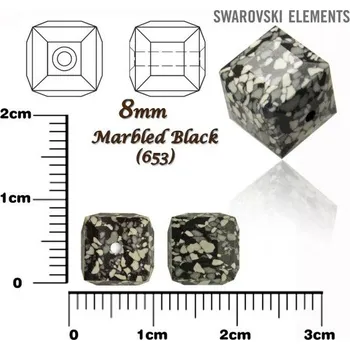 Dětské navlékací korálky SWAROVSKI CUBE Beads 5601/B KERAMICKÉ korálky barva MARBLED BLACK velikost 8mm.