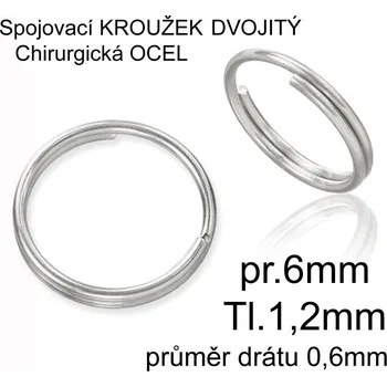 Materiál na výrobu šperku Spojovací kroužek DVOJITÝ. Materiál CHIRURGICKÁ OCEL 316l.. Průměr 6,0mm 1,2mm.