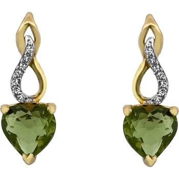 Náušnice Zlaté náušnice s vltavíny a diamanty srdce