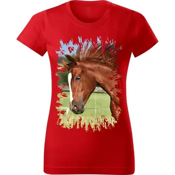 Dámské tričko Dámské tričko s koněm č.05 Červené M (koňské koně kůň hlava)