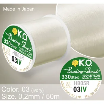 Nit Nylonová nit značky K.O. Barva č. 03 ivory. Materiál 330DTEX (0,2mm). Balení 50m.