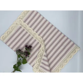 ubrus Běhoun z růžového kanafasu s širokou krajkou Vzor kanafasu: Střídavé pruhy, Běhoun rozměr: 45x150cm (50/150cm)