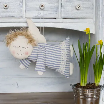 Lněný andílek létací kluk modré proužky Len vzor: proužky 4mm