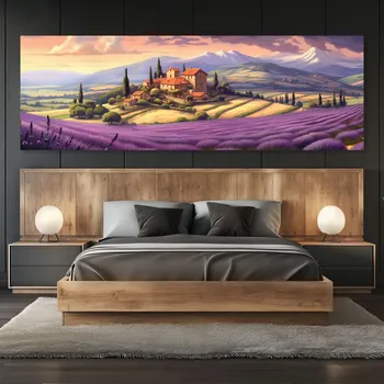 Obraz Obraz na plátně - Levandulové pole na francouzském venkově FeelHappy.cz Velikost obrazu (šířka x výška): 90 x 30 cm