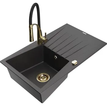 Granitový dřez MEXEN/S - Cesar granitový dřez s odkapávačem včetně baterie Aster, černá kropenatá 6514-76-73450-57-G