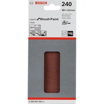 Brusný papír 10x Brusný papír - brusivo pro vibrační brusky Bosch Expert for Wood and Paint C430 80x133mm, hr. 240, 8 otvorů (2608605283)
