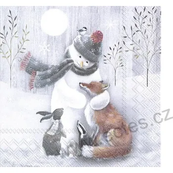 Papírový ubrousek IHR FROSTY HUG papírový dekorační ubrousek na découpage sněhulák a lesní zvířátka: liška, zajíc a jezevec
