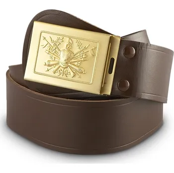 Opasek ARMÁDNÍ ORIGINÁL ITÁLIE Opasek přehlídkový kožený hnědý zlatá zdobená spona Itálie originál