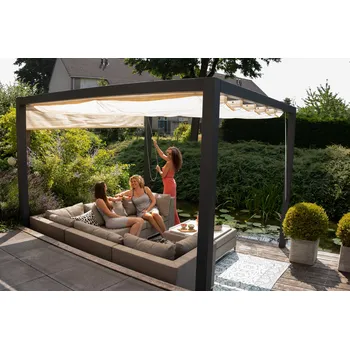 Pergola Platinum Volně stojící pergola se sluneční harmonikou Farba Harmoniky: Piesková, Farba Pergoly: Antracitová RAL 7016, Vonkajší rozmer Pergoly: 3,19 x 3,19 m