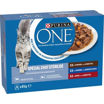 8x 85g Mixpack PURINA ONE Sterilised Cat Duck, Beef, Sardine vlhké krmivo pro kočky