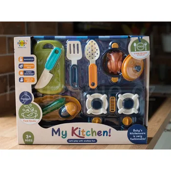 Dětská kuchyňka Martonie Sada nádobí s vařičem pro děti - vařič, hrnec prkénko a potraviny