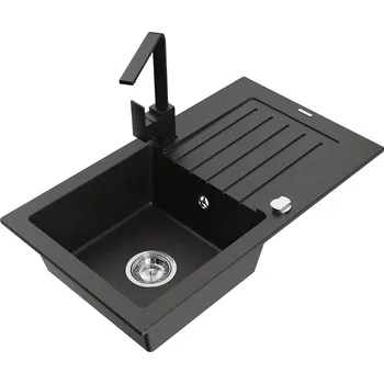 Granitový dřez MEXEN/S - Pablo granitový dřez 1-miska s odkapávačem včetně baterie Rita, černý/zlatý metali 6510-75-670300-70