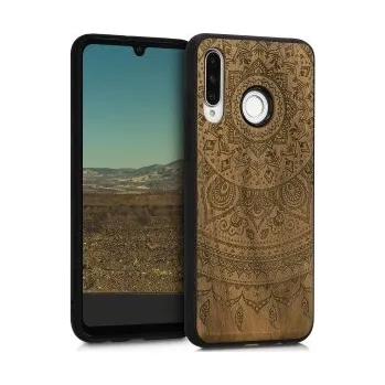 Pouzdro na mobilní telefon Dřevěné pouzdro s designem indické slunce pro Huawei P30 Lite - tmavě hnědá