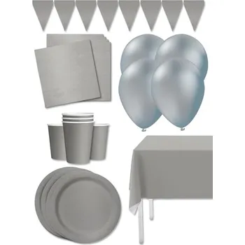 Party dekorace Funiglobal Kits - Prémiová sada stříbrných party dekorací pro 8 lidí - Plain -