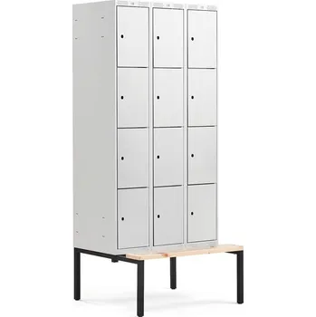 Šatní skříň Boxová šatní skříň CLASSIC, s lavicí, 3 sekce, 12 boxů, 2120x900x550 mm, šedé dveře