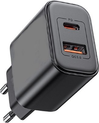 JM PKG047B PD síťová rychlonabíječka USB QC 3.0 s výstupy USB-C a USB-A 40W černá