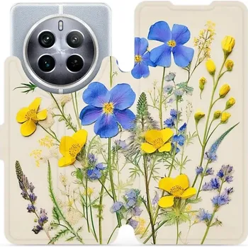 Pouzdro na mobilní telefon Flipové pouzdro Mobiwear - Realme 12 5G - VP41S Modré a žluté kvítky (Knížkové flip pouzdro, obal, kryt na mobil Realme 12 5G - VP41S Modré a žluté kvítky, materiál Umělá kůže + TPU - ochrana 360°, stojánek, silikonová vanička, magnetické zavírání)