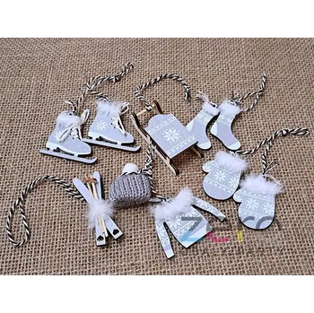 Zimní mix dřevěné závěsné (6 ks) - šedá