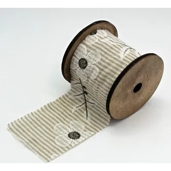 Stuha Stuha plátnová bežová pruh s kytkami - 6 cm/1 m